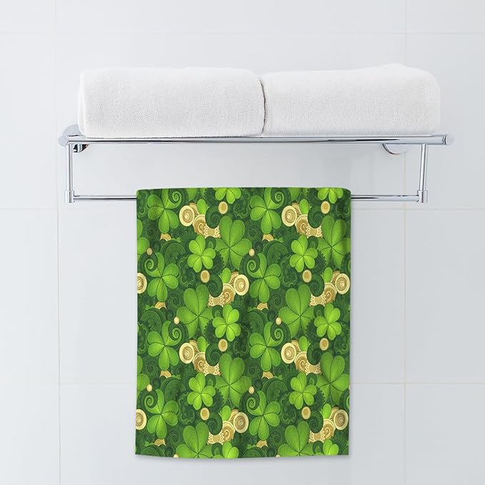 AOYEGO Gold Coin Green Shamrock Leaf Hand Towels St Patrick's Day Luck Highly Absorbent Soft Towels Bathroom Beach Kitchen Spa Gym Face Towel 15x30 Inch