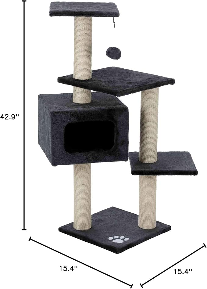TRIXIE Palamos Gray Cat Tower with Scratching Posts, Condo, Three Platforms, Dangling Pom-Pom 15.25 x 15.25 x 42.75 in.