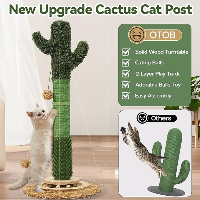 OTOB 36" Tall Cat Scratching Post, Natural Sisal Rope Cactus Scratcher Post, Vertical 6-in-1 Interactive Turntable Cat Scratch Post with Soft Ball Toys, Protect Your Furniture for All Indoor Cats