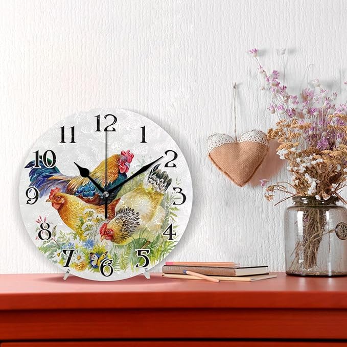 ALAZA Rooster Wall Clock Chicken Grass Battery Operated Kitchen Clock 9.5 Inch Bathroom Clock Non Ticking Round Decorative Desk Clock Bedroom Living Room Decor