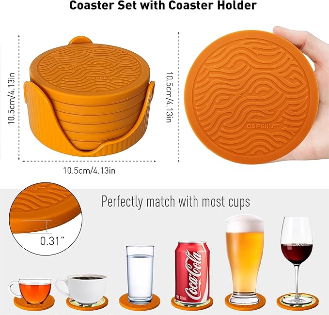 6-Pack Terazzo Silicone Coasters with Deep Tray Holder - Double-Sided Drink Coasters - Beverage Mats for Hot or Cold Drinks - Thick, Non-Slip, Non-Stick Silicone with Ceramic Insert