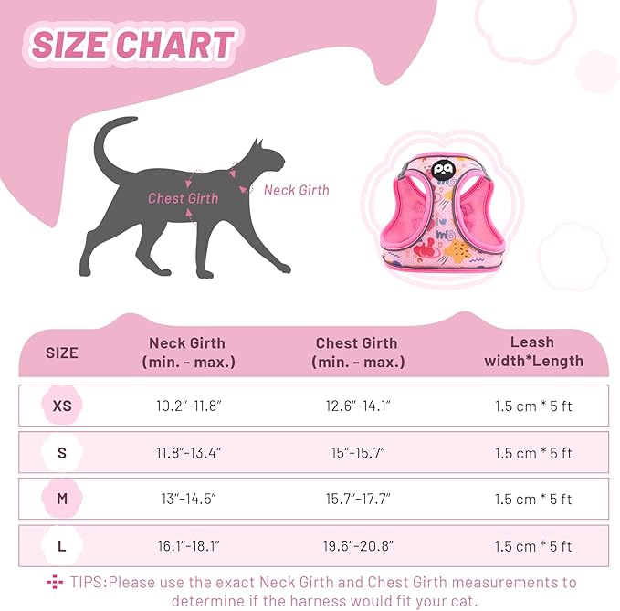 Cat Vest Harness Leash Set: Escape Proof & Reflective Kitten Soft Mesh Vest for Small Medium Large Puppy Pets Walking Hiking and Traveling(XSmall,Pink)