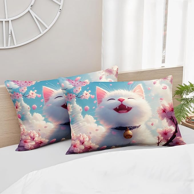 AILONEN Kids Kawaii Cat Bedding Set Twin Size,Girls Pink Flower Kitten Cat Comforter Set,Cute Pet Animal Printed Comforter with 2 Pillowcasess,3 Pieces