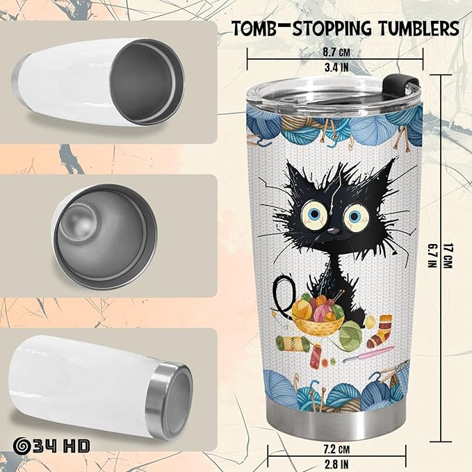 34HD Black Cat Tumbler with Lid, 20oz Vacuum Insulated Cat Coffee Cup, I Crochet So I Dont Choke People Mug, Crochet Lover Gifts for Birthday Mothers Day Christmas