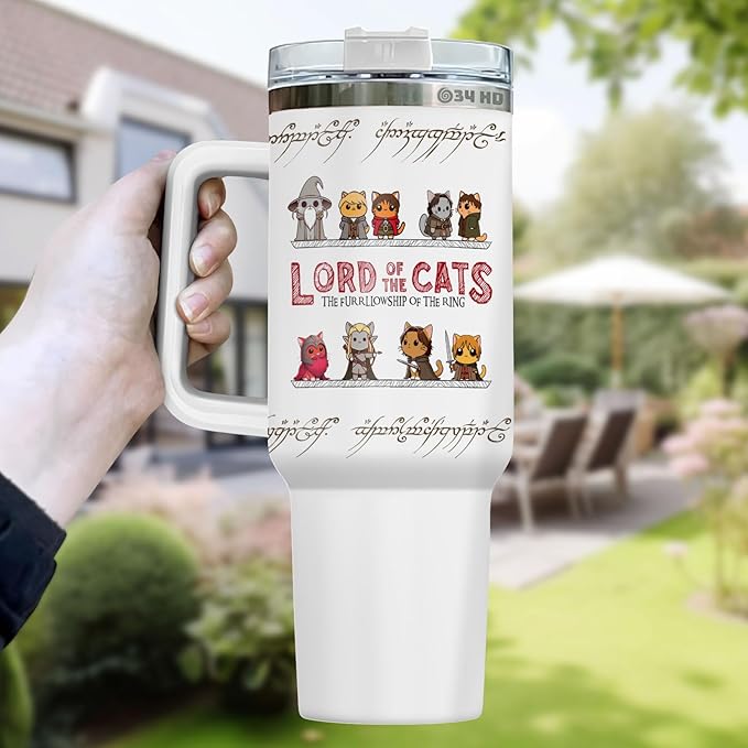 34HD Cute Cat Tumbler with Handle & Straw, 40z Stainless Steel Vacuum Insulated Lord Of The Cats Coffee Mug, Cat Gifts for Men Women Birthday Mothers Day Christmas