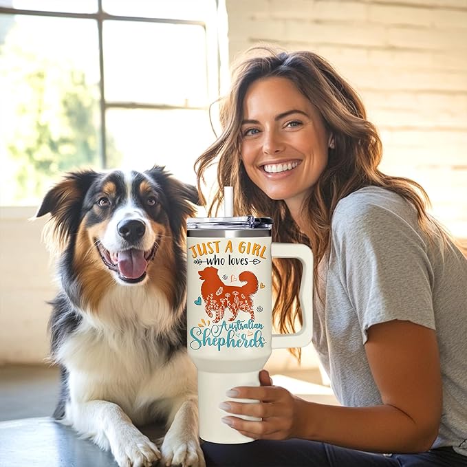 Australian Shepherd Gifts for Girls & Women, Christmas and Mother's Day Gifts for Australian Shepherd Lovers, Birthday Present Idea for Dog Owners, Dog Mom 40oz Tumbler with Handle & Straw