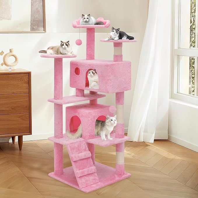MoNiBloom Cat Tree, 54 Inch Cat Tree Tower with 2 Cat Condo, Cat Tower with Scratching Post, Cat Climbing Tower, Cat Tree for Indoor Cats, Soft Pink