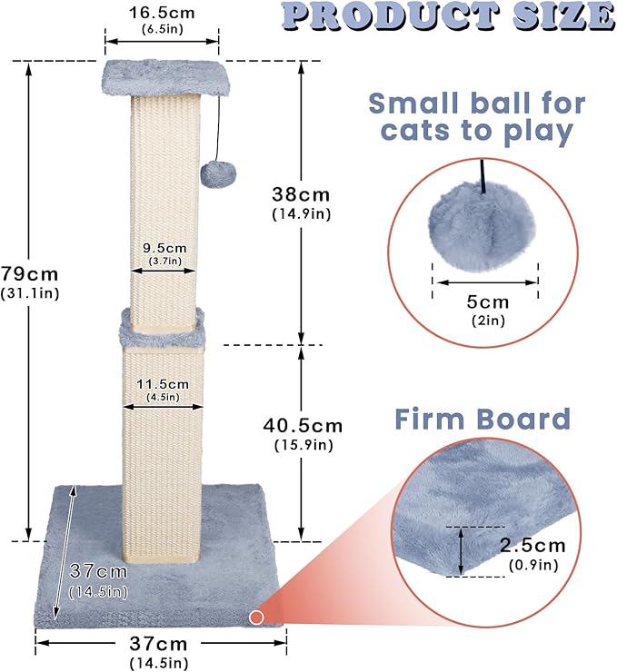 31.1" H Scratching Posts for Indoor Cats Adults & Kitten,Cat Scratching Post,Tall Sisal Cat Scratching Post with Hanging Ball,Grey