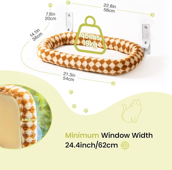 Mewoo Cat Window Perch, Cordless Cat Window Hammock with 4 Strong Suction Cups, Embeded Cat Hammock for Window, Steel Frame and Removable Soft Cover (Brown, Medium)