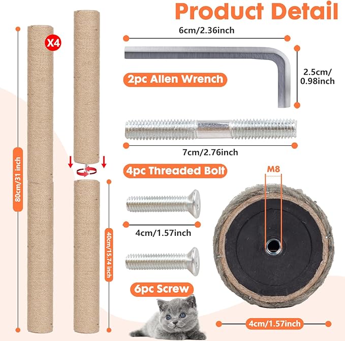 PowerKing 4-Pack 15.7" Cat Scratching Post Replacement - Natural Sisal Rope Scratcher Poles with M8 Screws for Indoor Cat Tower Renewal Parts, Cat Furniture Refill Parts (Nature)