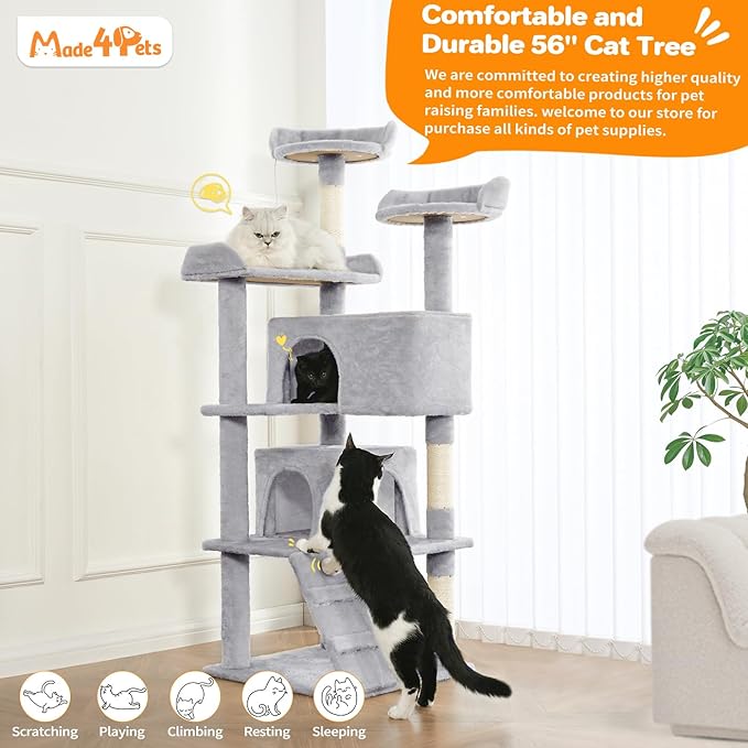 Made4Pets Cat Tree Tower 56in Cat Tower for Indoor Cats Kitten Tree Multi-Level Cat Tree with 2 Condo Furniture Activity Center with Scratching Posts Funny Toys Kittens Pet Play House, Light Grey