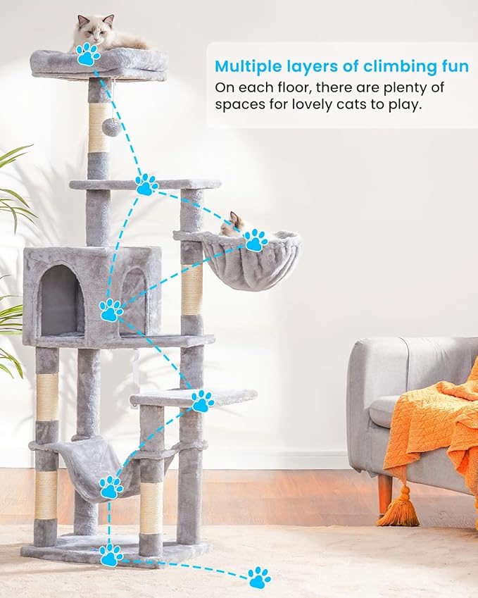 Hey-brother Cat Tree with Large Hammock, Multi-Level Cat Tower for Indoor Cats, Cat Condo with Sisal-Covered Scratching Posts and Top Perch, Light Gray MPJ050W