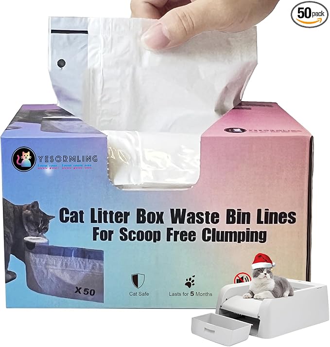 50 Count Cat Litter Box Liners,Compatible with Pet safe Scoop Free Self Cleaning Clumping Litter Box,Drawstring Litter Box Liner, Replaceable Cat Waste Bag, Easy Cleanup