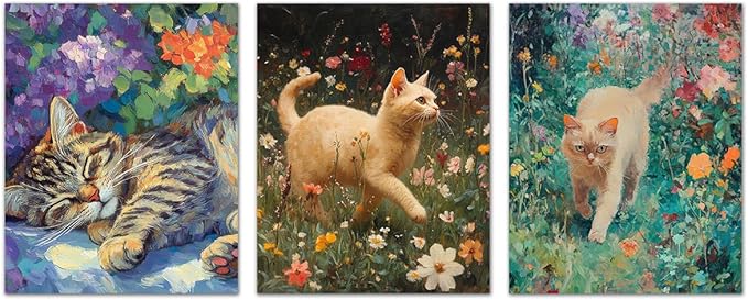 3 Pcs Cat Theme Poster Prints - 8"x10" Watercolor Floral Cats Home Paper Wall Art Decoration - Retro Posters Painting For Living Room,Bedroom,Bathroom - Gifts For Family & Friends - A02