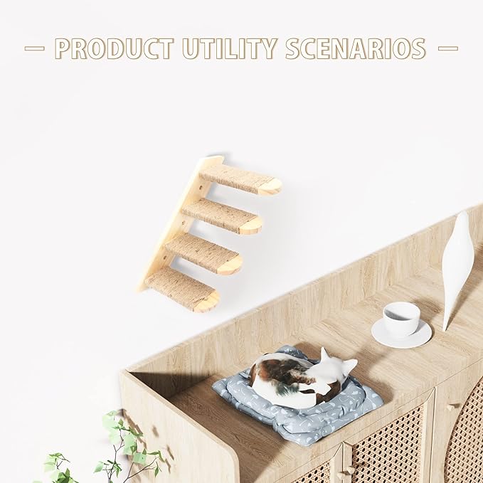 Cat Wall Steps,Cat Climbing Stair Shelf, Four Step Wood Cat Stairway with Jute Rope for Small Kitty Cats Perch Platform Supplies Cats Scratching Post