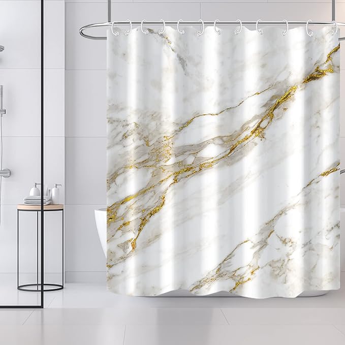 AWERT Abstract Minimalism White and Gold Ink Art Marble Shower Curtain for Bathroom Modern High Definition Printing Waterproof Shower Curtain with Hooks Bathroom Decor 72x72inch