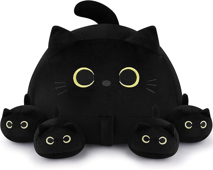 Auspicious beginning 19'' Black Cat Plush 5PCS Cat Family PlushToys,Cute Black Cat Mommy Cat with 4 Baby Kittens Cat Plushies for Kids, Kawaii Birthday Gifts for Kids Boys Girls