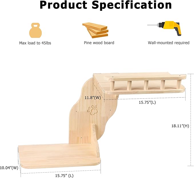 Wall Mounted Cat Shelves for Inside,2-Levels Wall Perch with Scratching Mat,Solid Pine Wood Floating Furniture for Climb,Lounge and Sleep (Right)