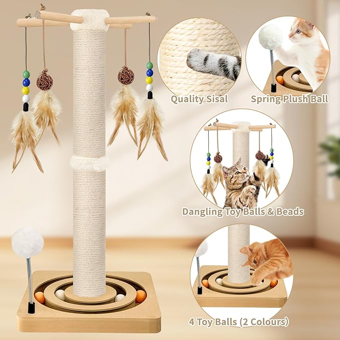 Cat Scratching Post, Sisal Scratching Posts for Indoor Cats Adults, 2 Mounting Methods Cat Scratcher with Hanging Ball and Interactive Toys for Kitten Cats, 25 inches