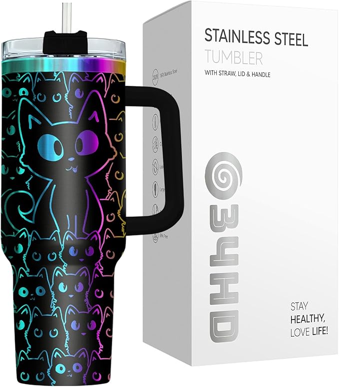 34HD Laser Engrave Black Cat Tumbler with Handle & Straw, 40oz Yes I Do Really Need All These Cats Cup, Cat Lover Gifts for Women Birthday Mother Day Father Day Christmas
