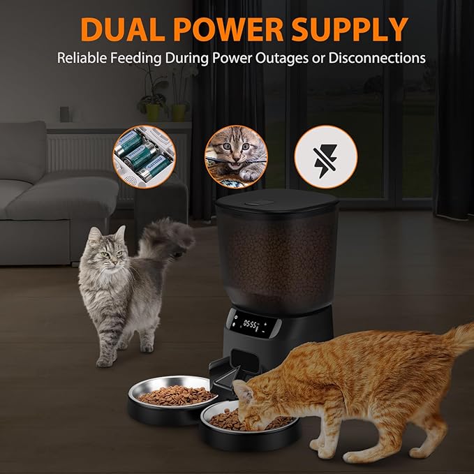 Automatic Cat Feeders for Two Cats, 5L/20 Cups Double Automatic Cat Food Dispenser with 2 Stainless Bowls,10s Meal Call and Timer Setting 20 Portions 6 Meals Per Day,Pet Feeder for Cat and Dog Black