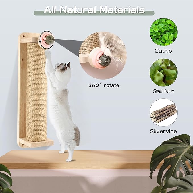 Cat Scratching Post with Catnip Ball Wall Mounted Interactive Scratcher Tower for Healthy Clawing Promotes Natural Scratching Behavior Keeps Cats Entertained