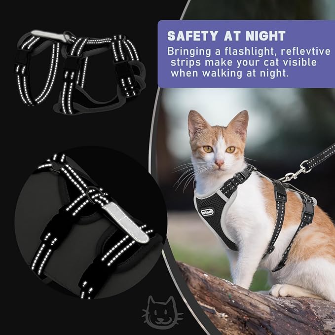 Cat Harness for Walking, Escape Proof Cat Harness and Leash Set with Reflective Strip, Adjustable Cat Leash Breathable Soft Vest for Small to Large Cats, BlackGrey, S
