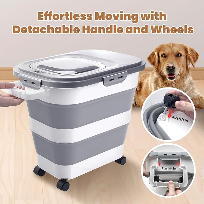 23-25 Lbs Dog Food Storage Container with Airtight Lid,Collapsible Dog Food Container with Wheels,Handle,Large Pet food storage Container with Scoop,Small Food Container for Dog Cat