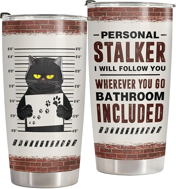 34HD Funny Black Cat Tumbler with Lid, 20 oz Stainless Steel Vacuum Insulated Personal Stalker Coffee Mug, Horror Cup, Cat Lover Gifts for Women Men Birthday Halloween Christmas