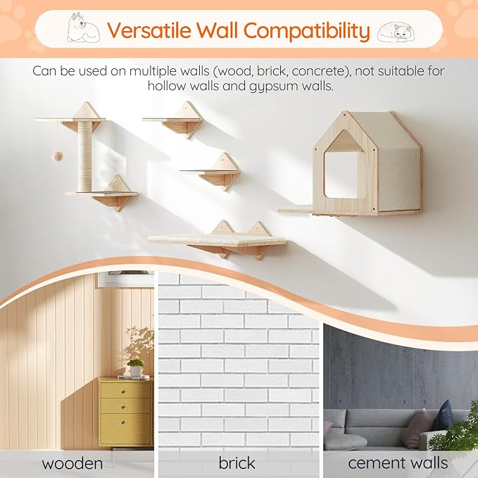 HOOBRO Wood Cat Wall Shelves, Set of 5 Cat Furniture, Cat Wall Mounted Furniture, Cat Climbing Shelves with Cat House, Cat Steps, Scratching Post, Perch, Sturdy and Anti-Slip, Natural NL43CS03