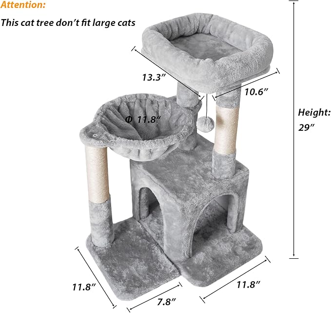 Pesofer Cat Tree, Small Cat Tower with Sisal Scratching Post and Hammock Light Gray