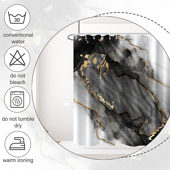 AWERT Dreamy Ink Art Black Glod Marble Shower Curtain for Bathroom Modern High Definition Printing Waterproof Shower Curtain with Hooks Bathroom Decor 72x78inch