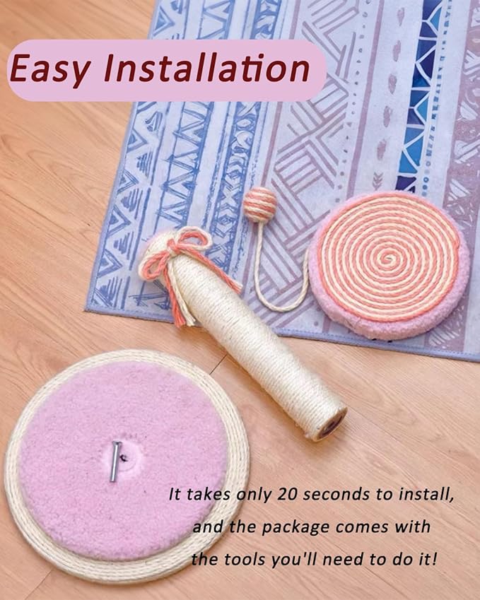 Cat Scratching Post, 22” Cute Kittens Scratch Posts with Hanging Ball, Sturdy Post & Stable Base, Ideal for Indoor Cats, Small & Large Sizes Kitty Available