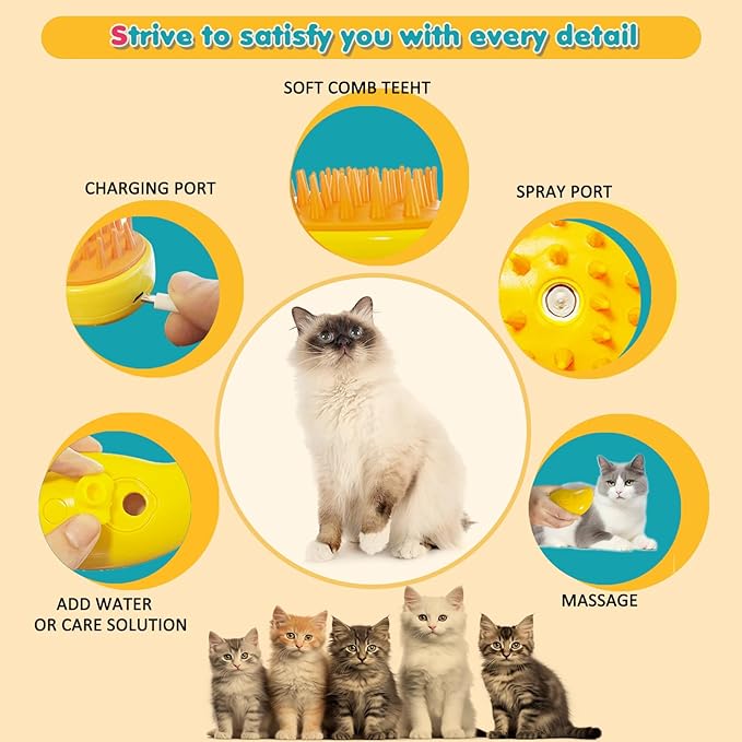 3 In 1 Steam Pet Brush - Self-Cleaning Steamer for Cat Massage, Removing Tangles, Loose Hair, and Spray Grooming (Yellow)