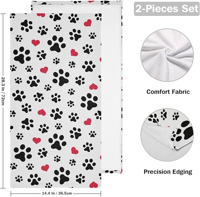 2 Pack Black White Hand Towels for Bathroom,Soft Absorbent Funny Animal Dog Cat Pet Paw Footprint Red Love Heart Kitchen Towels,Decorative Guest Bathroom Towels for Face,Shower,Gym 14"x28"