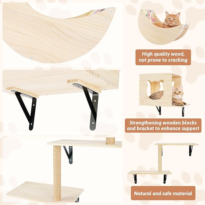 Cat Wall Shelves, 5pcs Cat Wall Furniture, Wooden Cat Wall Shelves and Cat Perch Set with Cat House, Cat Hammock, Cat Climbing Steps, Sisal Cat Scratching Post Ladder, Cat Scratcher Board Wall Mounted