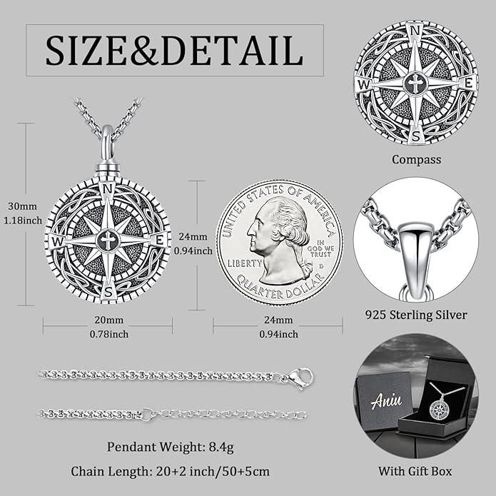Aniu Cremation Jewelry for Ashes S925 Sterling Silver Urn Necklace Memorial Necklace for Human Ashes of Loved Ones Keepsake Pendant for Men Women