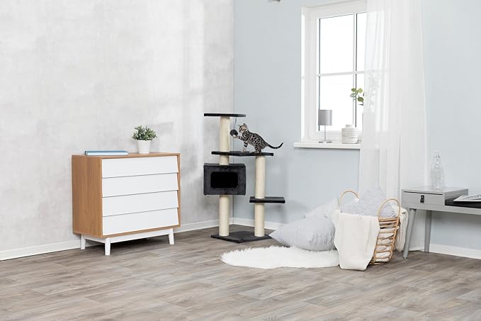 TRIXIE Palamos Gray Cat Tower with Scratching Posts, Condo, Three Platforms, Dangling Pom-Pom 15.25 x 15.25 x 42.75 in.