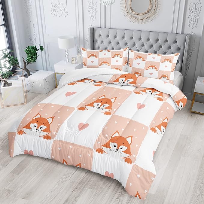 AILONEN Fox Comforter Set, Full Size, Cute Fox Quilt for Teen Girls & Kids, Animal Pattern Printed Superior Kids Bedding Set, Microfiber Fabric, 3 Piece Set (1 Comforter & 2 Pillowcases)