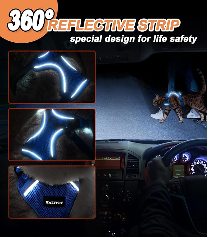 Halypet Cat Harness and Leash Set [ MAX Safety Third Generation ] Escape Proof Soft Adjustable Cat Leash Breathable Comfortable Vest Easy to Wear Kitten Harness for Outdoor Walking