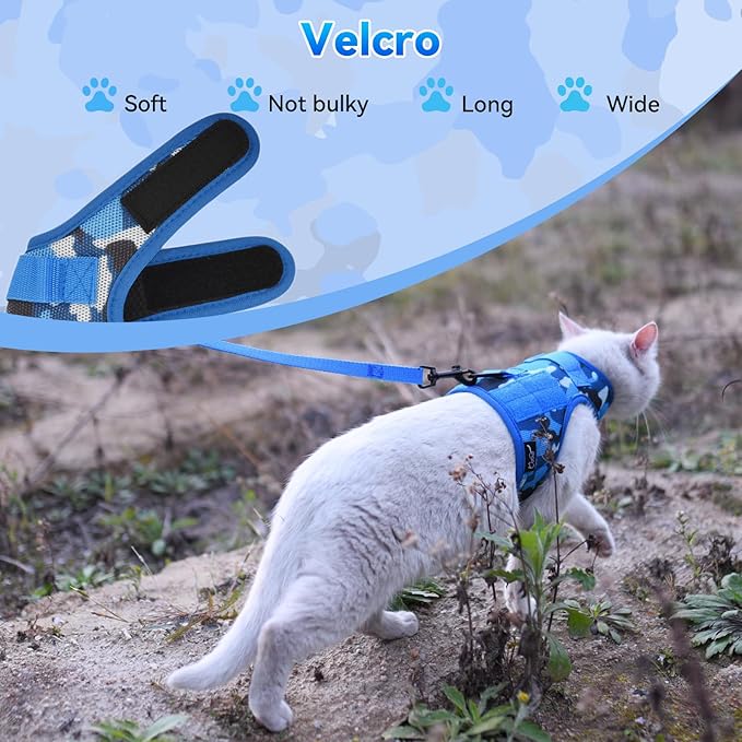 Tactical Cat Harness and Leash for Walking Escape Proof Breathable Mesh Fabric, Ocean Camo, Medium, Adjustable Cat Walking Jackets, Padded Stylish Cat Vest