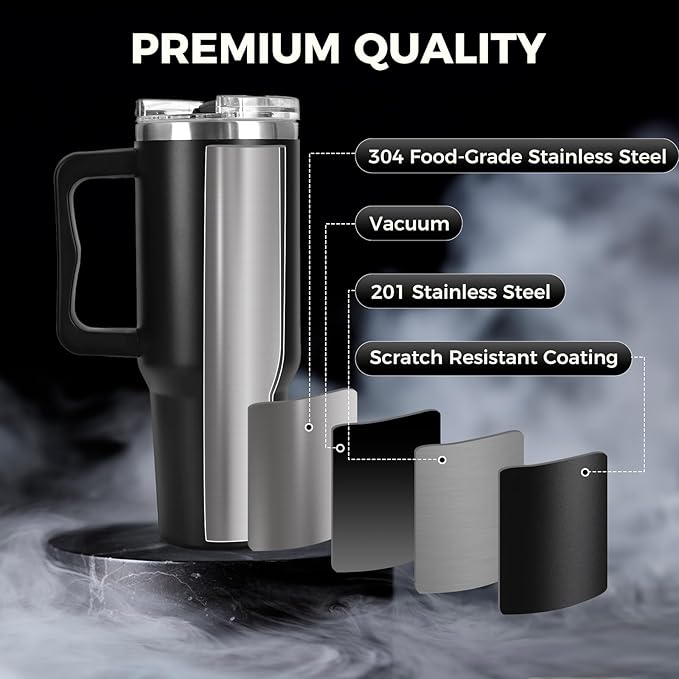 40 oz Tumbler with Handle and Straw Lid Insulated Cup Stainless Steel Water Bottle Travel Mug Gifts for Women Men Kids Trek Collection Black-1 Pc