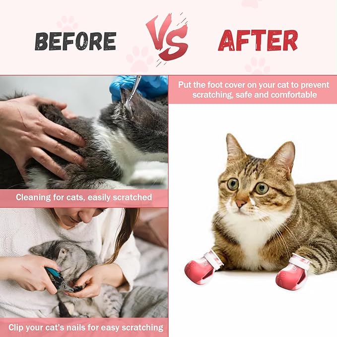 4 Pcs Cat Boots for Cats Only Cat Claw Covers Silicon Cat Mittens to Prevent Scratching Cat Booties for Bathing Nail Clipping Barbering Treatment (Red&White)