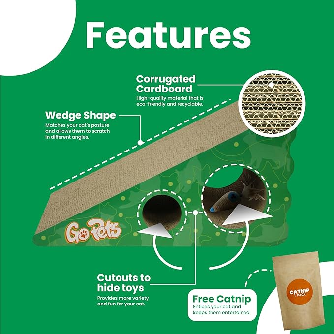 GoPets Large Corrugated Cardboard Cat Scratcher with Ergonomic Design, Reversible & Durable Scratching Post Lasts 2X Longer, Interactive Cat Toy & Catnip for Endless Play - Wedge Shaped Style
