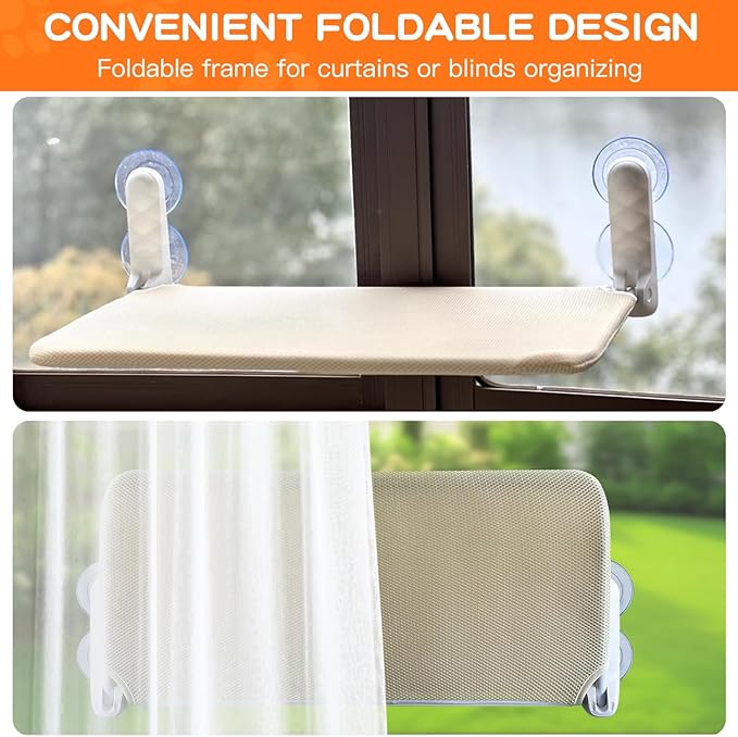 Cat Window Perch, Foldable Cat Window Bed with 4 Strong Suction Cups, Cordless Cat Hommack for Window Sill, Sturdy Metal Cat Window Seat Shelf for Indoor Cats with Reversible Cover(Beige)