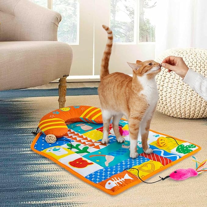 2-in-1 Cat Mat with Cat Pillow for Small Medium Large Cats,Cute Cat Catnip Toys,Soft Plush Crinkle Mat for Kitten Sleeping Snuffing Playing,Machine Washable Cat Play Mat Pet Cushion Pad Mat Cat Gifts