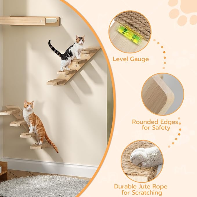 HOOBRO Wood Cat Wall Shelves, 4-Level Cat Wall Steps with Jute Scratching Steps, Cat Climbing Wall, Cat Wall Furniture, Easy to Install, Holds up to 40 lb, Natural NL11CS03