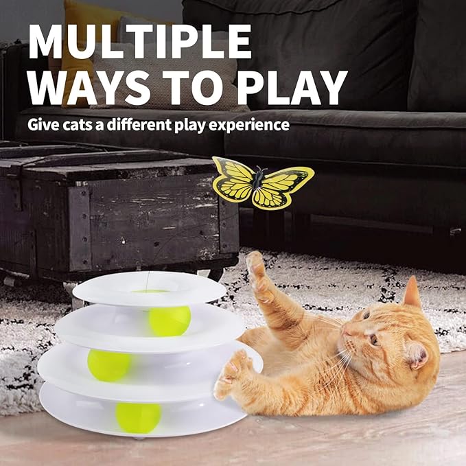 ALL FOR PAWS Interactive Cat Toys Automatic Tower of Butterfly Flutter Bug Cat Enrichment Ball Track Toy Smart Cat Toys with Timer for Indoor Cats