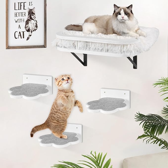 Cat Wall Shelves with Cooling Mat and Plush Cushion, Cat Shelves and Perches for Wall with 3 Wall Steps, Cat Wall Furniture Cat Climbing Shelf Cat Scratching Post for Sleeping, Playing, Gift for Cat
