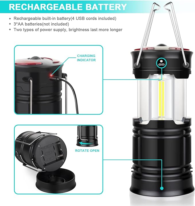 4 Pack Lantern Camping Essentials Lights, Led Flashlight for Power Outages, Tent Lights for Emergency, Survival Gear and Supplies for Hurricane, Rechargeable and Battery Powered Operated Lamp